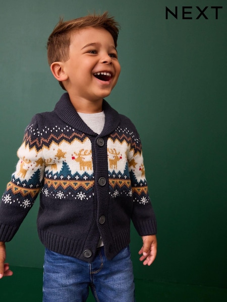 Navy Blue Fairisle Pattern Christmas Knitted Cardigan (3mths-7yrs) (N22044) | AED60 - AED74