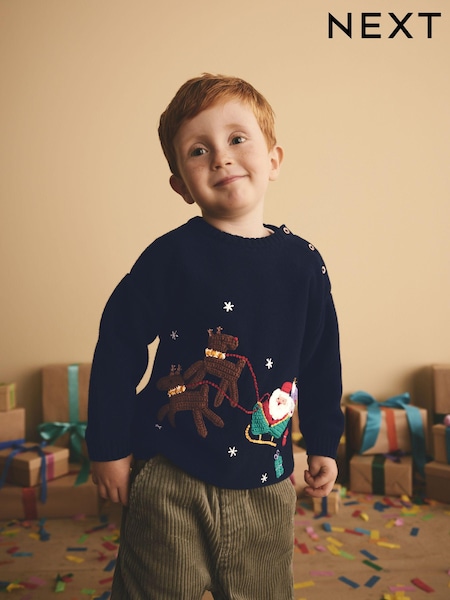 Navy Blue Santa Reindeer Sleigh 100% Cotton Christmas Jumper (3mths-7yrs) (N22052) | AED74 - AED81