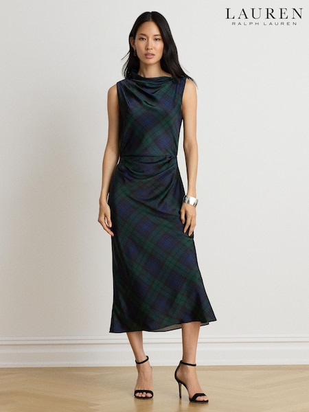 Blue - Lauren Ralph Lauren Ardalla Plaid Print Draped Cocktail Dress