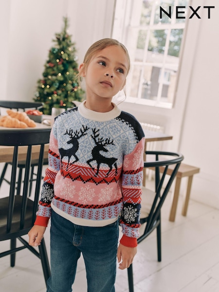 Navy Blue/Pink Matching Family Girls Christmas Fair Isle Pattern Reindeer Jumper (3mths-16yrs) (N22071) | €8 - €10