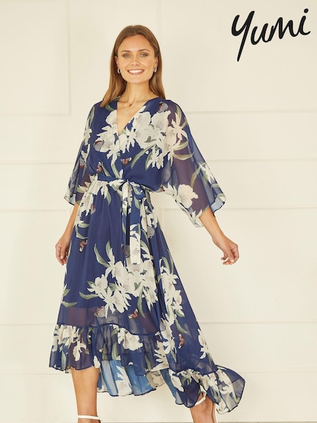 Laivasto Sininen - Yumi Kukallinen Kimono Hihat Dip Helma Wrap Midi- Mekko (N22208) | €102