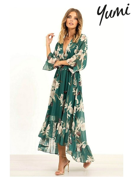 Metsä Vihreä - Yumi Kukallinen Kimono Hihat Dip Helma Wrap Midi- Mekko (N22214) | €102