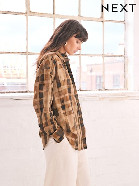 Chocolate Brown Check Print Long Sleeve Collared Summer Shirt (N22216) | €21.50