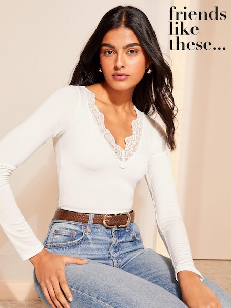 Friends Like These Cream Long Sleeve Lace Insert Bodysuit (N22244) | €22