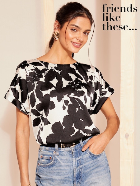 Negru/Alb - Bluză utilitară cu imprimeu Satin Mânecă scurtă Friends Like Astea (N22255) | 107 LEI