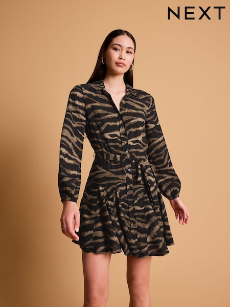 Schwarz/Braun/Zebra-Print - Mini Belted Shirt Dress (N22257) | 11 €