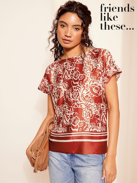 Friends Like These Red Printed Satin Utility Short Sleeve Top (N22261) | €10