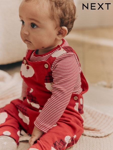 Red Santa Baby 100% Cotton Christmas Jersey Dungarees And Bodysuit Set (0mths-2yrs) (N22270) | €10.50 - €12
