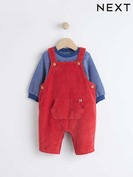 Red Baby Waffle Corduroy Dungaree and Bodysuit Set (0mths-2yrs) (N22278) | €19 - €21