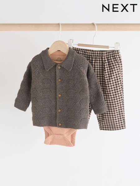 Brown Check Baby 100% Cotton Knitted Jumper and Trousers 3 Piece Set (0mths-2yrs) (N22319) | €31 - €33