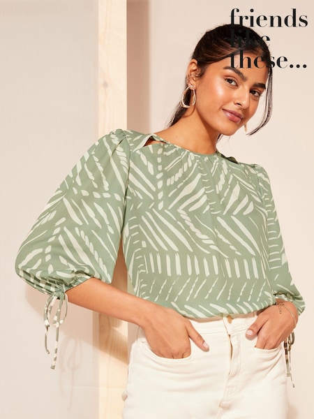 Friends Like These Khaki Green 3/4 Sleeve Chiffon Tie Cuff Blouse (N22892) | 1,983 UAH