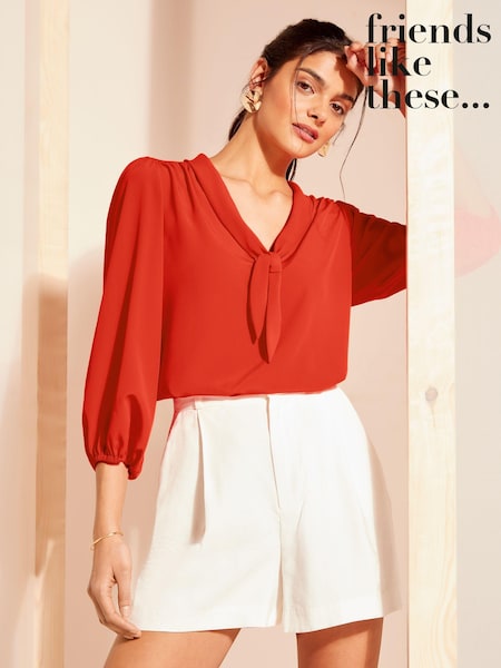 Rot - Friends Like These V Neck Bow Front 3/4 Sleeve Blouse (N22896) | 9 €