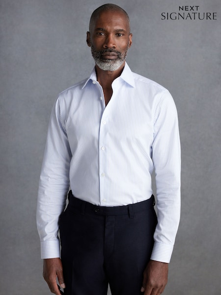 White/Blue Stripe Slim Fit Signature 100% Cotton Single Cuff Shirt With Cutaway Collar (N22905) | €46
