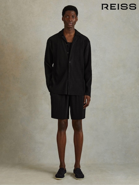 Reiss Black Milos Elasticated Plisse Shorts (N22915) | 647 QAR