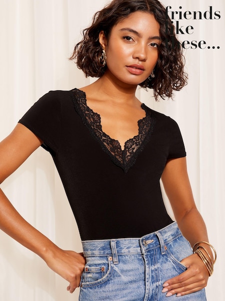 Friends Like These Black Short Sleeve Lace Detail Jersey Bodysuit (N22931) | AED84