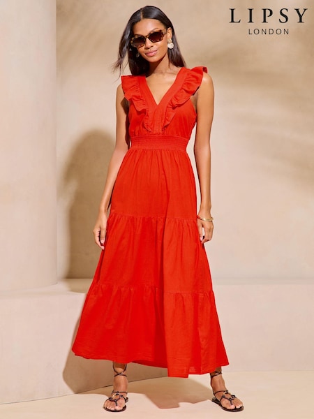 Roșu - Lipsy Lenjerie de pat look Fără mâneci Volănașe V Neck Midi Rochie (N22949) | 186 LEI