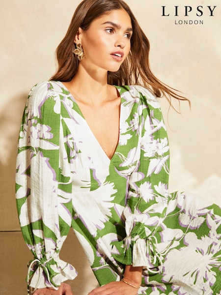 Lipsy Green White Long Sleeve Tie Back Mini Dress (N22966) | €25