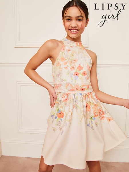 Lipsy Cream Floral Halter Scuba Occasion Dress (5-16yrs) (N22979) | € 24 - € 30