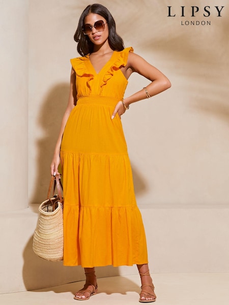 Galben - Lipsy Lenjerie de pat look Fără mâneci Volănașe V Neck Midi Rochie (N22989) | 217 LEI