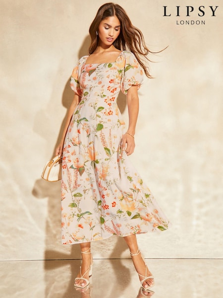White - Lipsy Puff Sleeve Square Neck Midaxi Linen Look Printed Dress (N22991) | 287 LEI