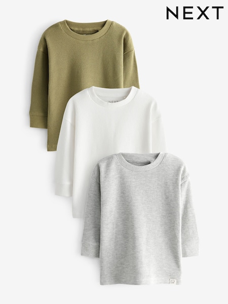 siva/bela/zelena Teksturirano - 100% Cotton Long Sleeve T-Shirts 3 Pack (3mths-7yrs) (N23016) | € 18 - € 22