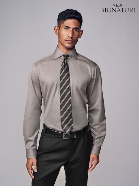Neutral Brown Slim Fit Signature Single Cuff Texture Pima Cotton Shirt With Cutaway Collar (N23269) | €69