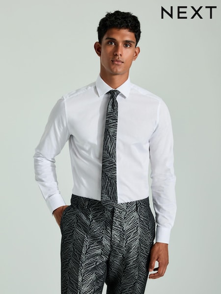 White/Black And Silver Textured Tie Slim Fit 100% Cotton Single Cuff Shirt And Tie Pack (N23281) | 99 QAR