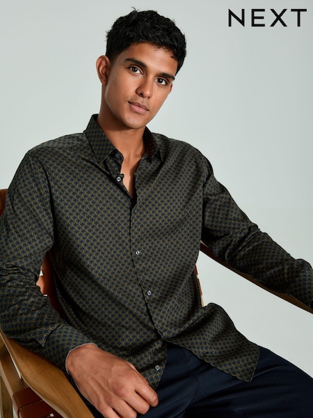 Green Geometric Regular Fit Printed Long Sleeve Single Cuff Formal 100% Cotton Shirt (N23294) | €30