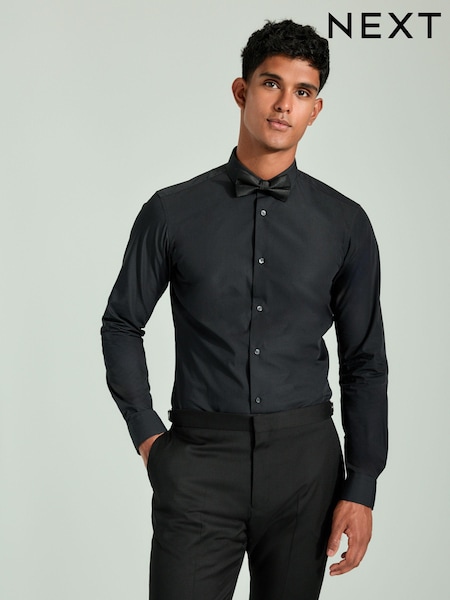 Black Sateen Finish Slim Fit Double Cuff Shirt And Bow Tie Pack (N23296) | €7