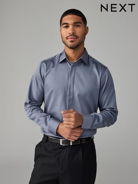 Dusky Blue Slim Fit 100% Cotton Long Sleeve Single Cuff Sateen Piped Shirt (N23297) | €41