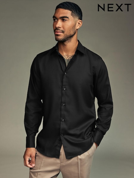 Black Regular Fit Trimmed Easy Care Long Sleeve Double Cuff Shirt (N23298) | €43