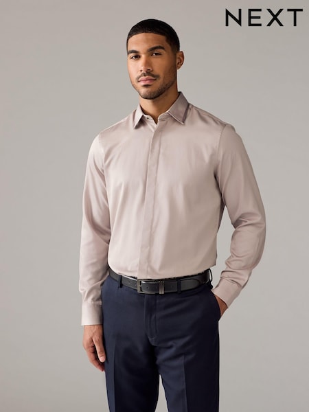 חום טבעי - גזרה רגילה - 100% Cotton Long Sleeve Single Cuff Sateen Piped Shirt (N23301) | ‏124‏₪