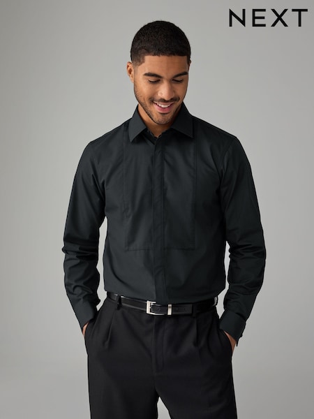 Black Regular Fit Textured Bib Long Sleeve Double Cuff Dress Shirt With Cutaway Collar (N23309) | 160 zł