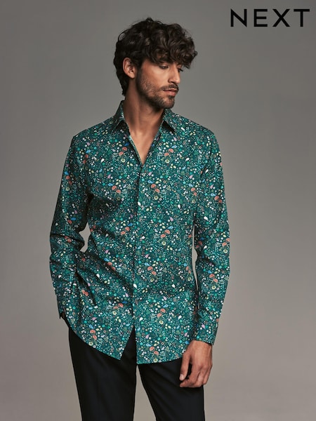 Albastru bleumarin cu model floral - Slim Fit Printed Long Sleeve Single Cuff Formal 100% Cotton Shirt (N23310) | 154 LEI