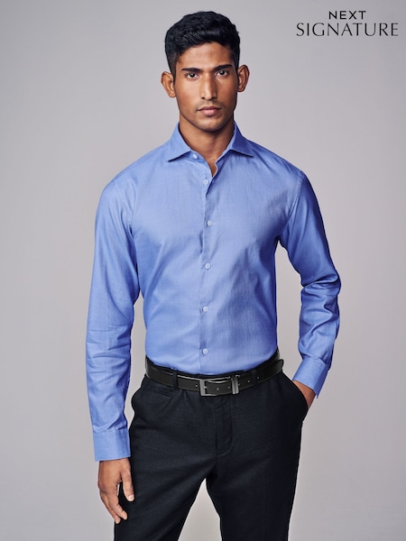 Mid Blue Slim Fit Signature Single Cuff Texture Pima Cotton Shirt With Cutaway Collar (N23313) | €60