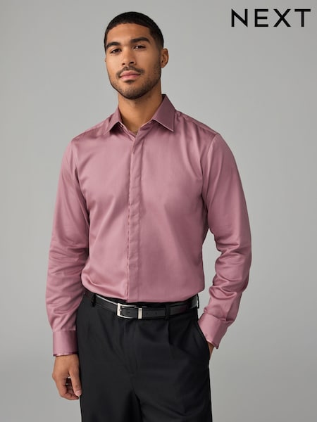 Dusky Pink Slim Fit 100% Cotton Long Sleeve Single Cuff Sateen Piped Shirt (N23315) | €41