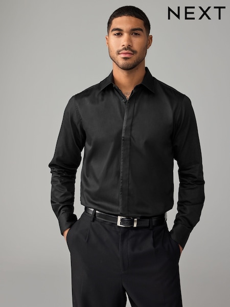 Black Regular Fit 100% Cotton Long Sleeve Single Cuff Sateen Piped Shirt (N23325) | €20