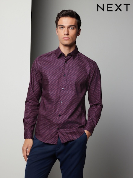 Бордовый с геометрическим рисунком - Print Regular Fit 100% Cotton Long Sleeves Single Cuff Formal Shirt (N23327) | €8