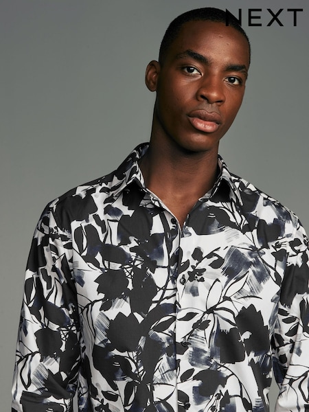 Negru/Alb floral - Print Regular Fit 100% Cotton Long Sleeves Single Cuff Formal Shirt (N23335) | 151 LEI