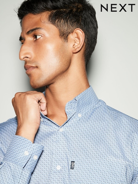 Dusky Blue Dot Print Regular Fit Easy Iron Button Down Oxford Shirt (N23336) | kr420