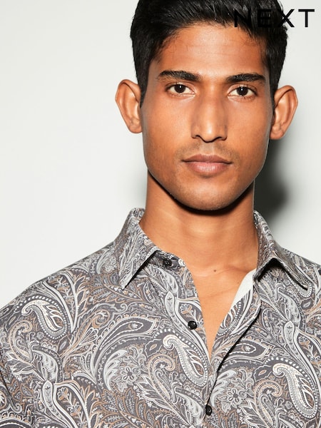 Negru/Auriu paisley - Regular Fit Printed Long Sleeve Single Cuff Formal Shirt (N23339) | 151 LEI