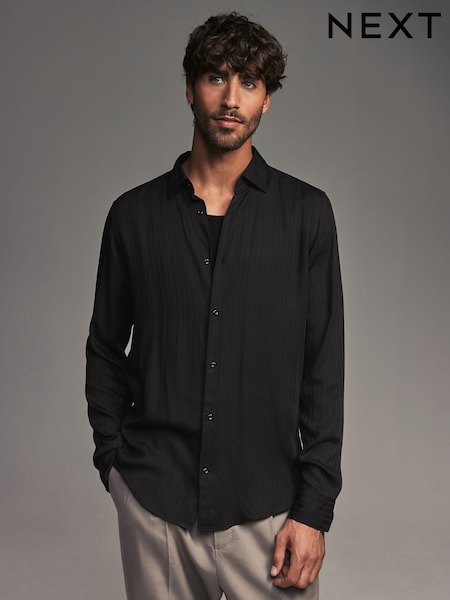 Negru - Regular Fit Satin Self Stripe Single Cuff Formal Shirt (N23342) | 127 LEI