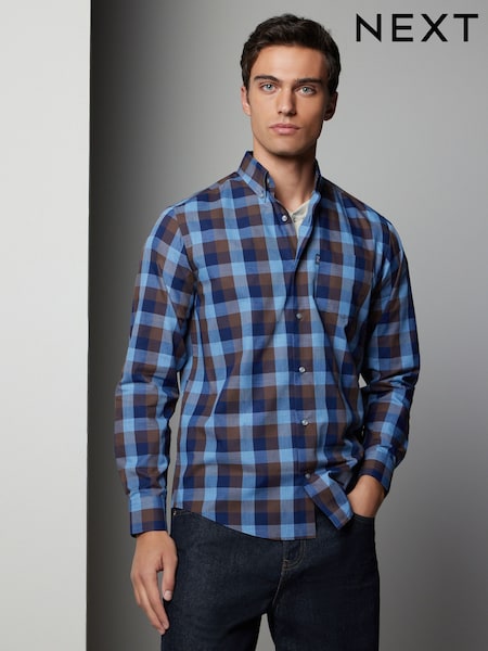 Navy Blue Large Check Regular Fit Easy Iron Button Down Oxford Shirt (N23345) | AED57