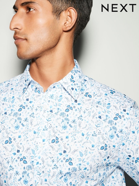 White/Blue Floral Print Regular Fit 100% Cotton Single Cuff Formal Shirt (N23349) | 230 zł
