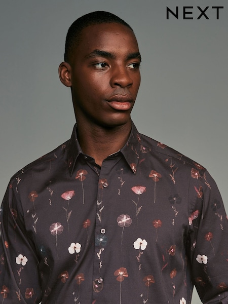 Burgundy Red Pressed Flower Print Regular Fit 100% Cotton Long Sleeves Single Cuff Formal Shirt (N23356) | 103 zł