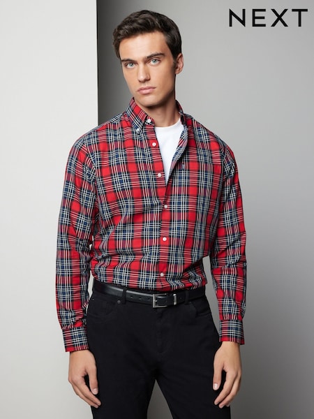 Red Tartan Check Regular Fit Easy Iron Button Down Oxford Shirt (N23365) | €14