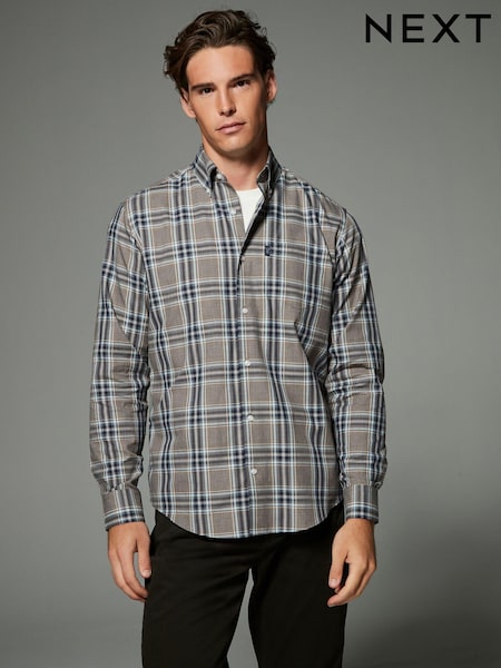 Neutral Brown/Grey Tartan Check Regular Fit Easy Iron Button Down Oxford Shirt (N23366) | €14