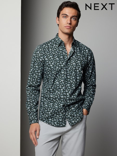 Verde cu flori - Print Regular Fit 100% Cotton Long Sleeves Single Cuff Formal Shirt (N23371) | 177 LEI