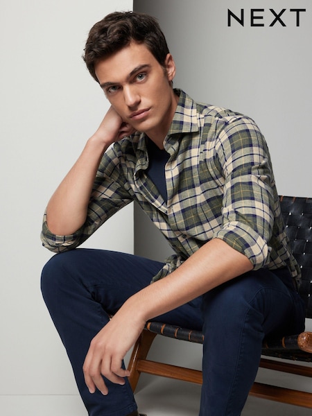 Green Check Brushed 100% Cotton Flannel Shirt (N23390) | R$ 270