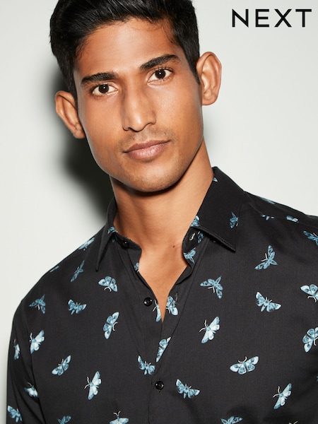 Black Moth Print Regular Fit 100% Cotton Long Sleeves Single Cuff Formal Shirt (N23397) | 94 QAR